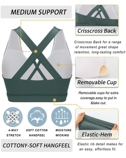 RUNNING GIRL Sports Bra for Women, Criss-Cross Back Padded Strappy Sports Bras Medium Support Yoga Bra with Removable Cups(2353 Dark Green_M)