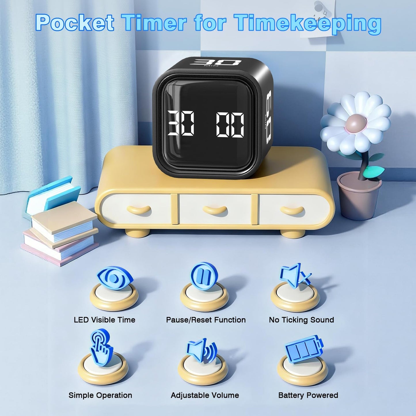 Cube Pomodoro Timer, Desk Productivity Timer 5/10/30/60 Minutes & Custom Countdown, Adjustable & Silent Visual Timer, ADHD Tool Flip Rotating Portable Multi Timers for Study Task Work Kitchen School