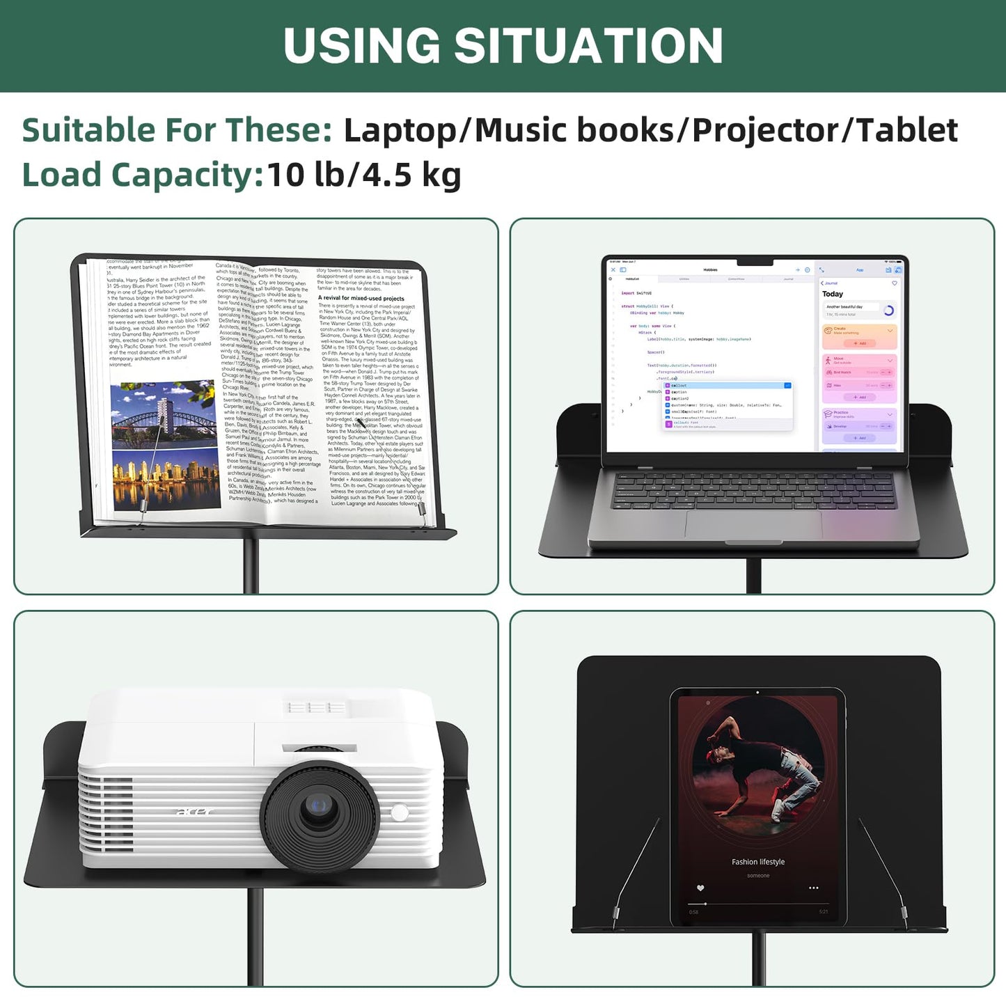 GLEAM Sheet Music Stand - Full Metal with Carrying Bag, Phone Holder, Sheet Music Folder and Clip, 5 in 1 Desktop Book Stand - Black