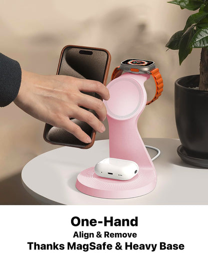 3 in 1 Charging Station for Apple Devices,Mag-Safe Charger Stand Fast Charging,Wireless Charger for iPhone 16/15/14/13/12 Series,& AirPods,& iWatch(USB-C Charger Included)
