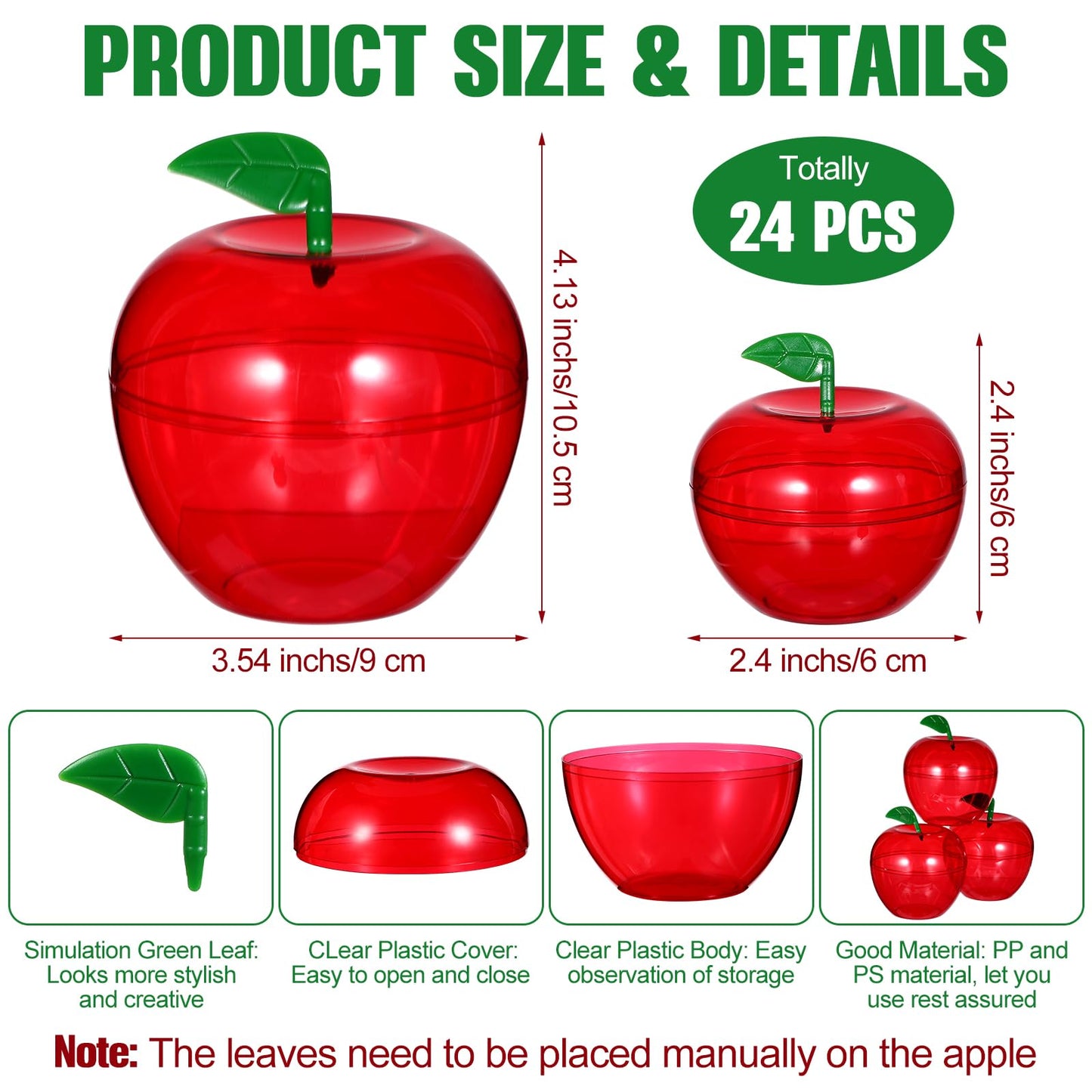 Tioncy 24 Pcs Plastic Red Apple Candy Container Boxes, 2.4/3.54 Inch 2 Size Teacher Appreciation Gift Treat Boxes, Apple Candy Jar Decoracion Party Favors for Birthday, Graduation, Back to School