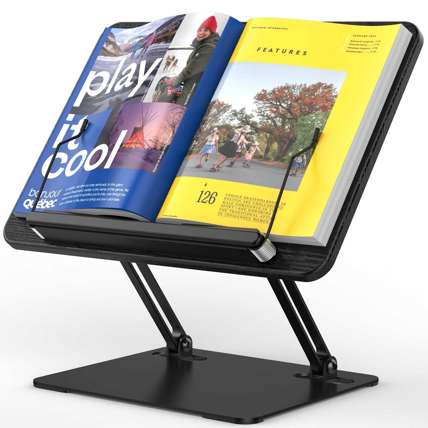 BESIGN BS01 Book Stand for Reading, Adjustable Book Holder, Ergonomic Laptop Stand with Elastic Page Clips for Music Scores, Recipe, Tablet, Laptop (Black)