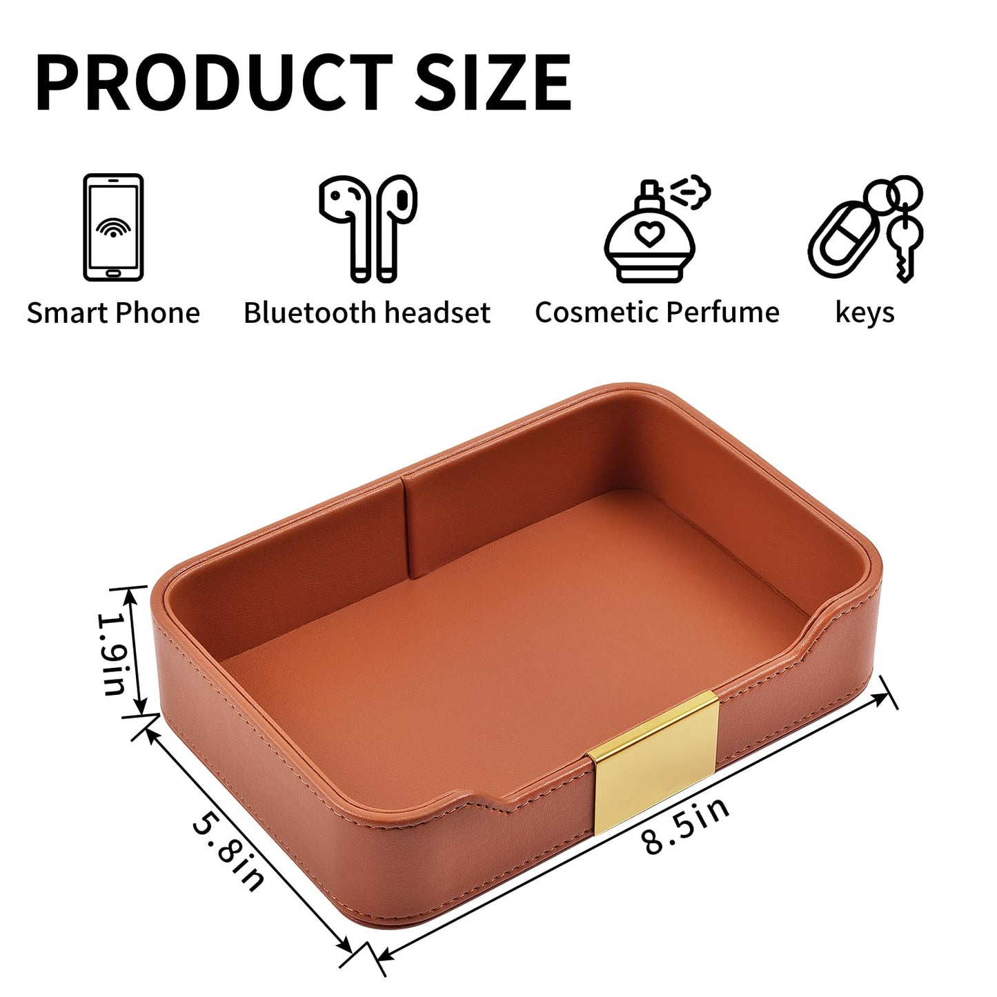 RHCSZ Luxury Leather Valet Tray Desktop Storage Organizer,Bedside Vanity Catchall Tray Nightstand Caddy Holder for Cosmetic,Jewelry,Watch,Keys,Phone,Wallet,Remote Controller,Pen,Orange