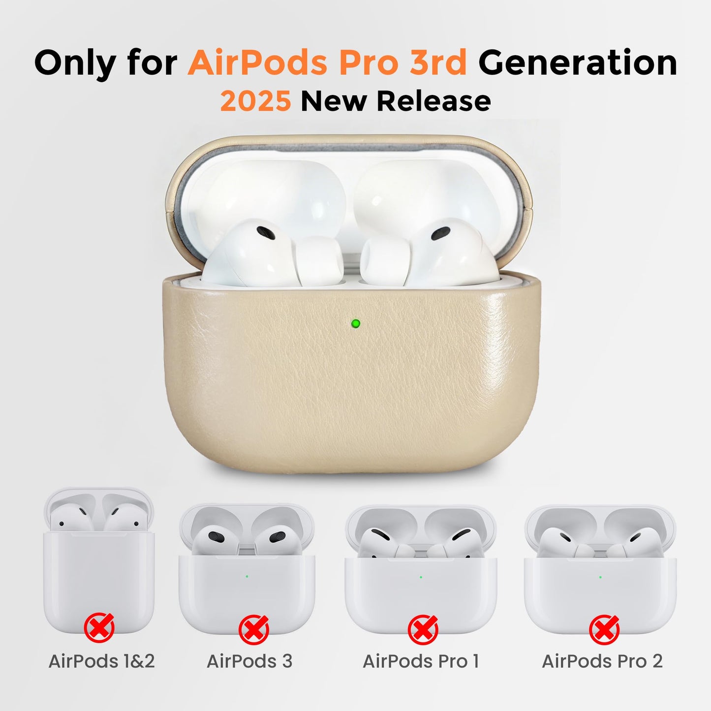 Bouixel for AirPods Pro 3 Case, Handcrafted Oil-Waxed Genuine Leather Case, Silky Smooth Touch, Wireless Charging, Shockproof Protective Cover with Lanyard for Apple AirPods Pro 3rd Gen (2025), Beige