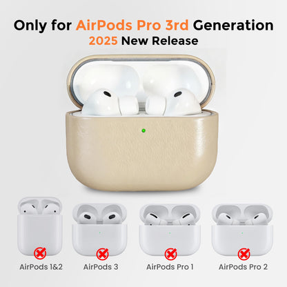 Bouixel for AirPods Pro 3 Case, Handcrafted Oil-Waxed Genuine Leather Case, Silky Smooth Touch, Wireless Charging, Shockproof Protective Cover with Lanyard for Apple AirPods Pro 3rd Gen (2025), Beige