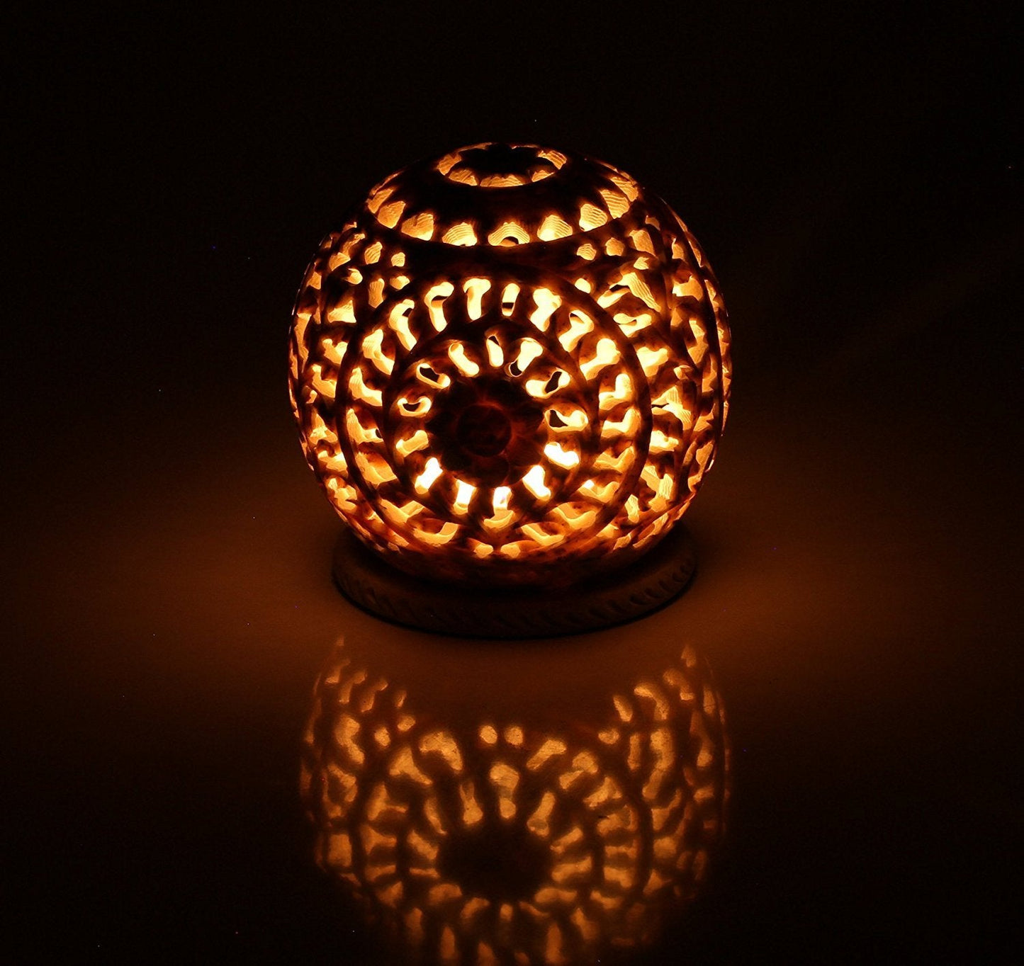 BKRAFT4U Unique Hand Carved Tealight Holder Sphere Shaped Made from Soapstone with Intricate Tendril Openwork Floral Decorative Lantern.