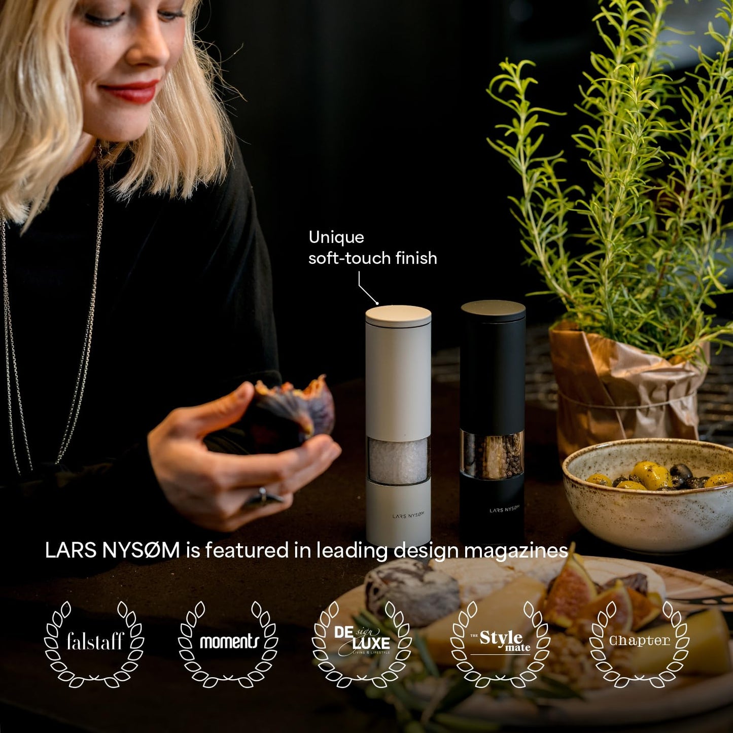 LARS NYSØM Salt and Pepper Grinder Set 2 pieces I Salt Pepper Mill with Adjustable Ceramic Grinder I Design Spice Grinder Set Manual (Sage Green)
