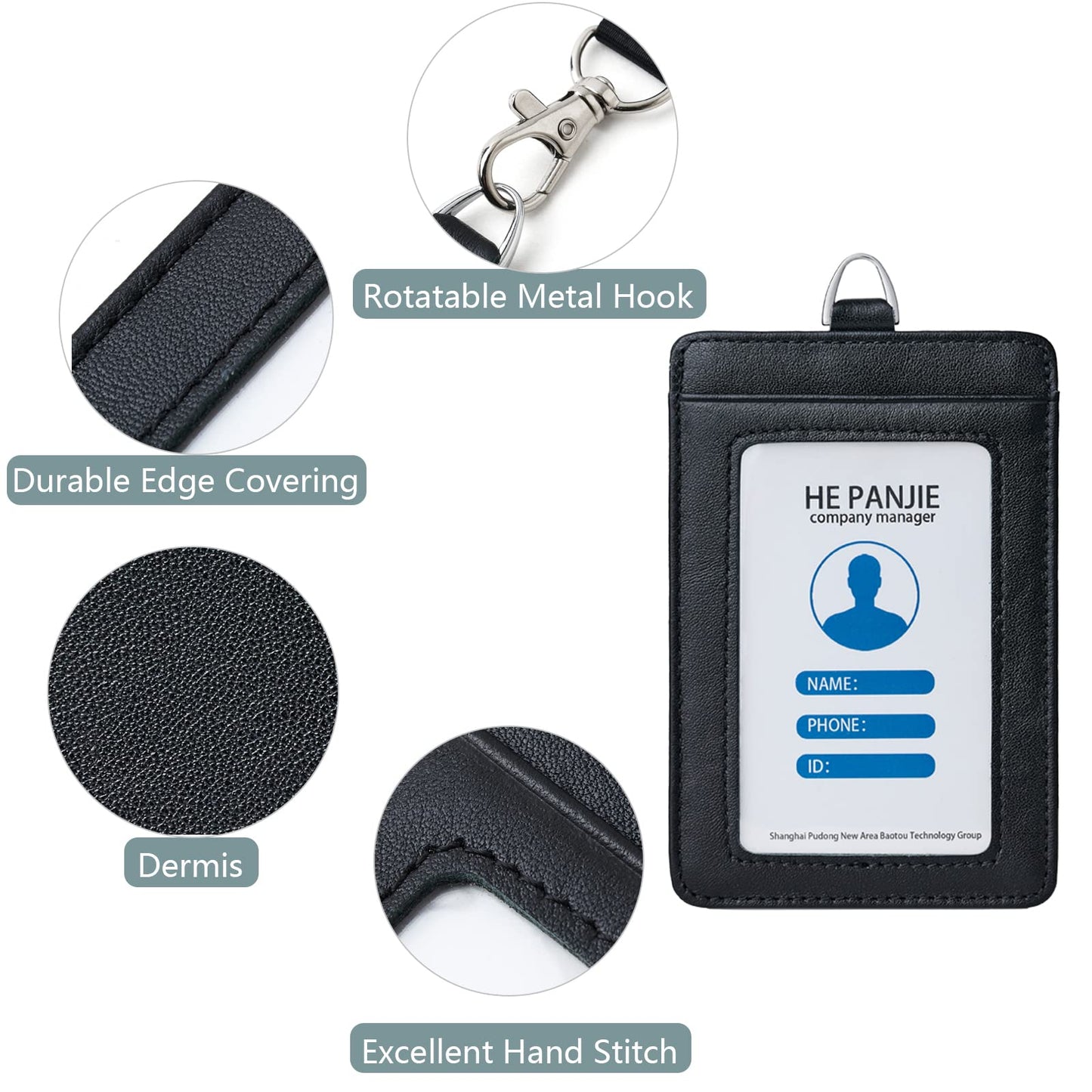Genuine Leather id Badge Holder with Lanyard,Soft,ID Card Holder,Up to 20 Colors and Grains to Choose,frommultiple Card Slots,Vertical Work Name Badge case (161)