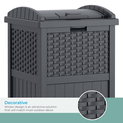 Suncast 33 Gallon Wicker-Style Hideaway Trash Can with Secure Latching Lid and Weather-Resistant Construction for Patio, Cyberspace Grey, Made in the USA
