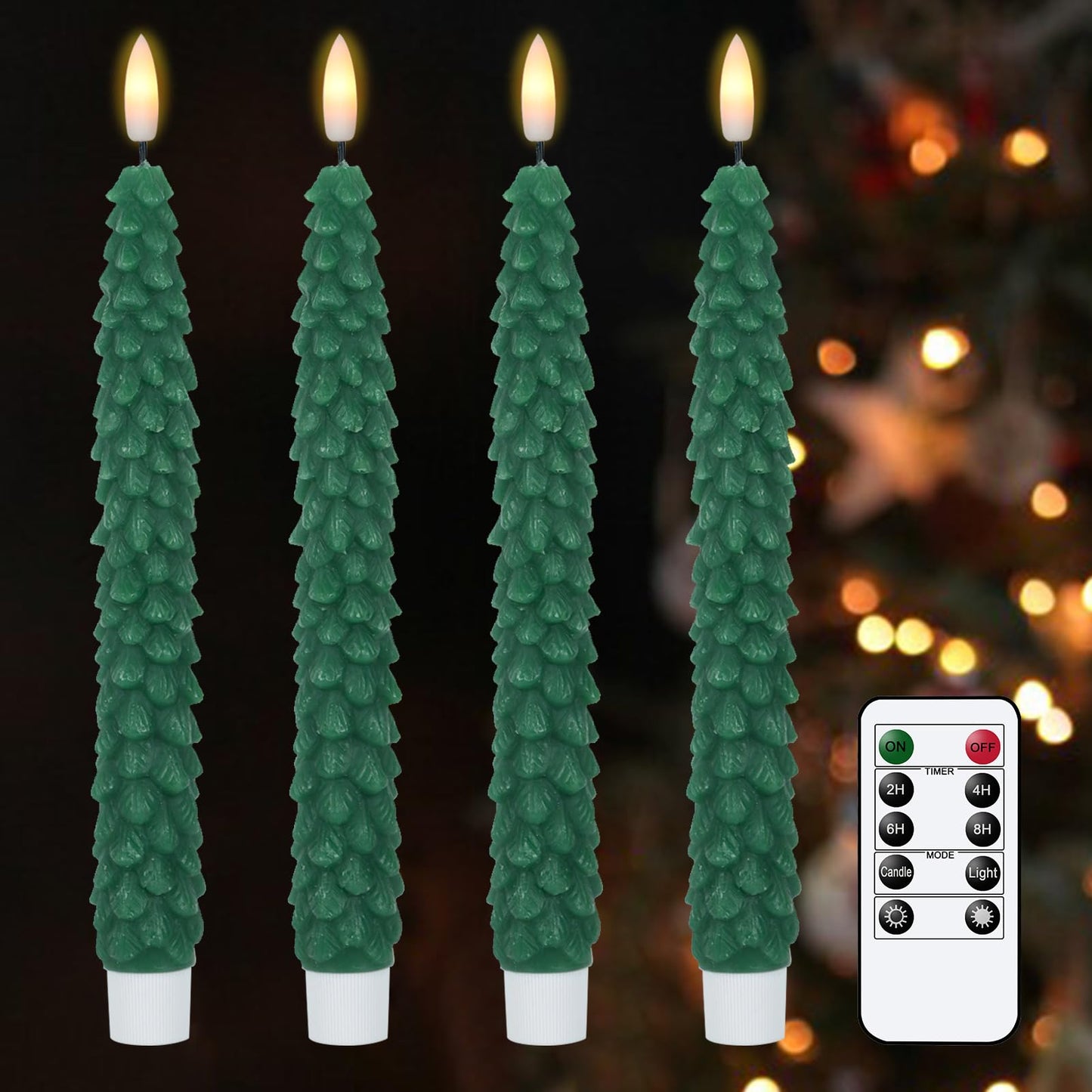 KunSwenn Christmas Tree Candles Battery Operated, 4 Pack Christmas Taper Candles with Remote Timer, Green Real Wax LED Flameless Candlesticks for Home Window Fireplace Holiday Decor(0.78” x 9.64”)