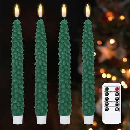 KunSwenn Christmas Tree Candles Battery Operated, 4 Pack Christmas Taper Candles with Remote Timer, Green Real Wax LED Flameless Candlesticks for Home Window Fireplace Holiday Decor(0.78” x 9.64”)