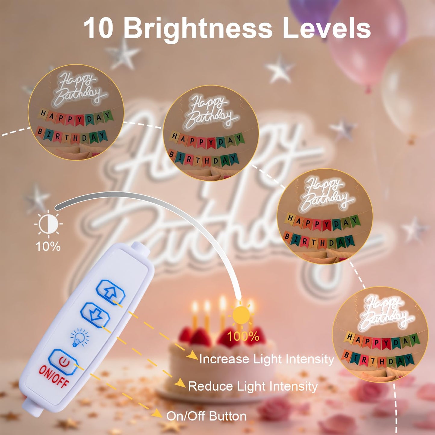 Miootly Happy Birthday Neon Sign for Wall Party Decor, LED Happy Birthday Light up Sign for Backdrop, 16"x 11" USB Powered 10 Brightness Settings Light up Signs Party Decorations Backdrop, Cool White