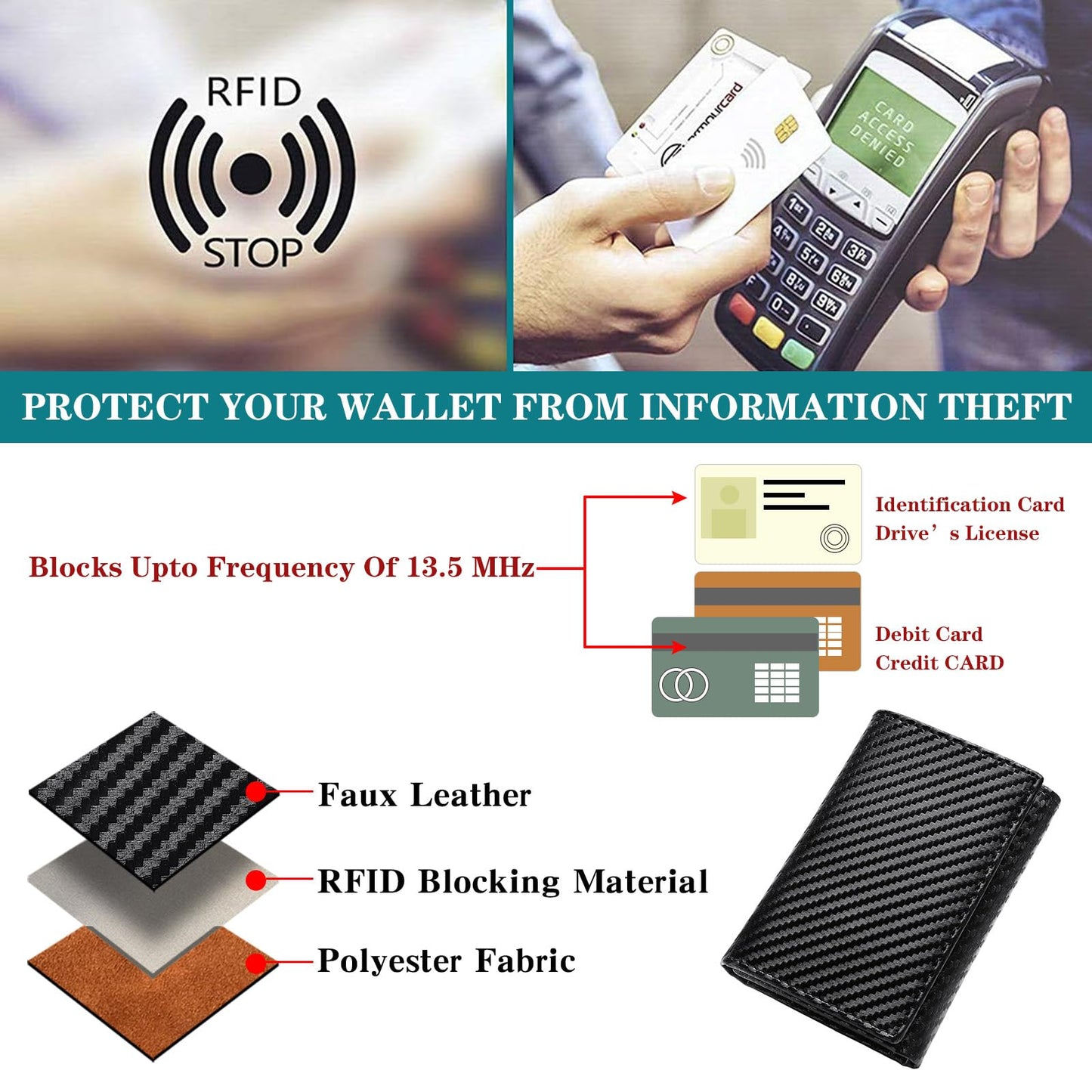 LOUEBICA Leather Trifold Wallet for Men RFID Blocking Minimalist Front Pocket Wallets with ID Window