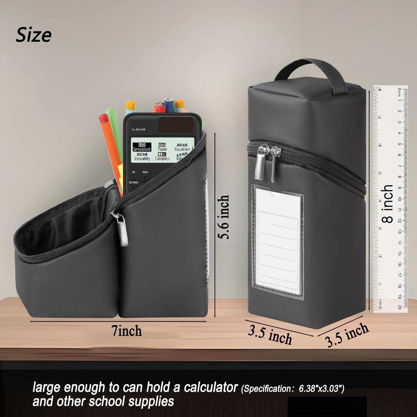 Zeckzoin Standing Aesthetic Pencil Case Pouch Large Capacity Preppy,Double Zipper with Handle Multi Compartments Organizer,Black