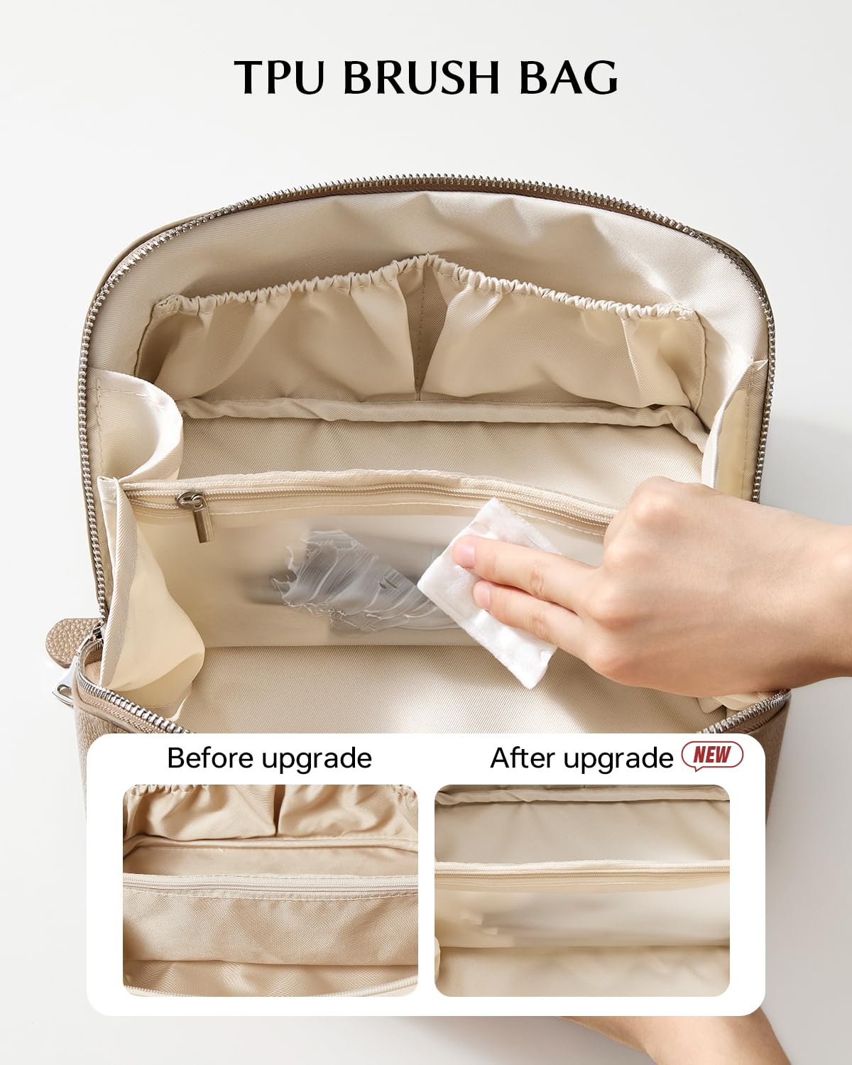 EACHY Travel Makeup Bag, Lychee Leather Large Capacity Cosmetic Bag for Women, Open Flat Toiletry Bag with TPU Brush Compartment, Waterproof Skincare Organizer Travel Essentials