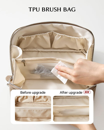 EACHY Travel Makeup Bag, Lychee Leather Large Capacity Cosmetic Bag for Women, Open Flat Toiletry Bag with TPU Brush Compartment, Waterproof Skincare Organizer Travel Essentials