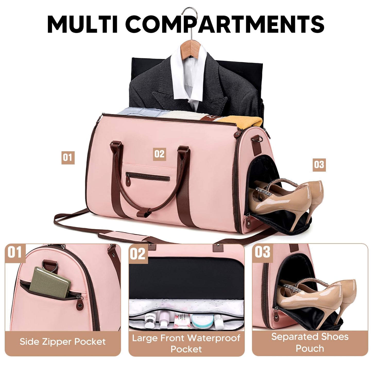 Vessgra Garment Bag for Airplane Travel,Weekender Travel Bag for Women, 2 in 1 Convertable Garment Duffle Bag with Shoes Compartment Carry on Bag Hanging Garment Bag Travel with Shoulder Strap,Pink