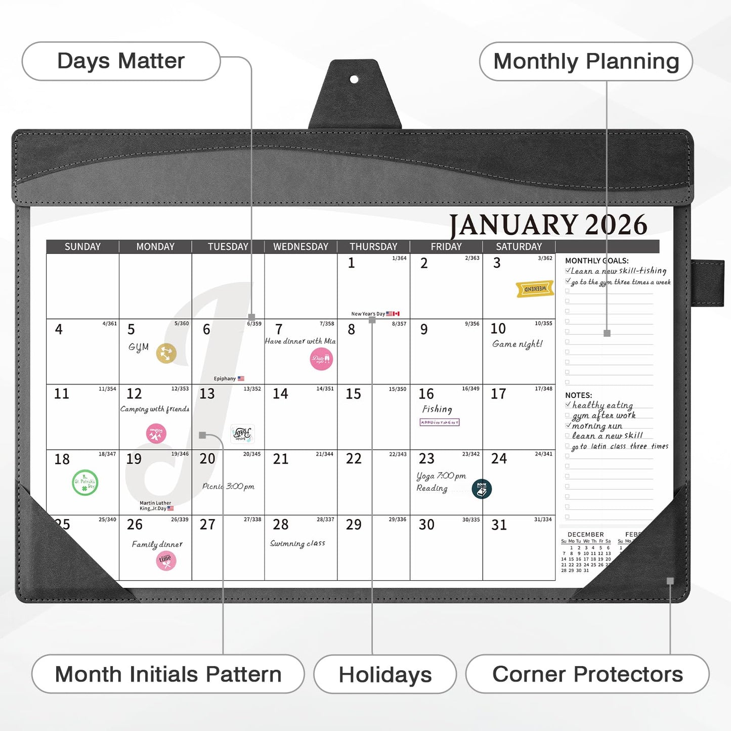 Ospelelf Leather Desk Calendar 2026-2027 with Storage Pocket Protective Cover Large 12"x17" Monthly Planner Pad 18 Months January 2026 - June 2027 Black