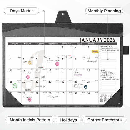 Ospelelf Leather Desk Calendar 2026-2027 with Storage Pocket Protective Cover Large 12"x17" Monthly Planner Pad 18 Months January 2026 - June 2027 Black