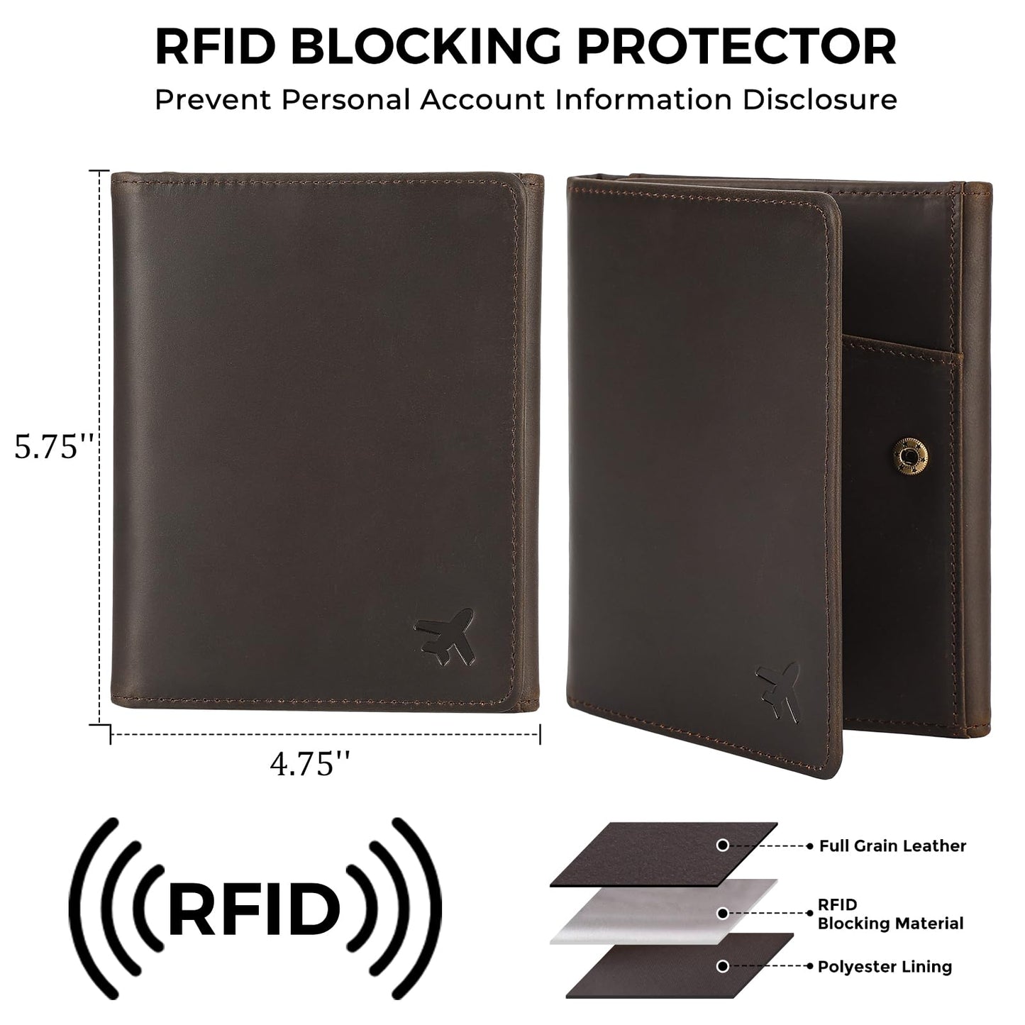 Polare Full Grain Leather Pilot Wallet Passport Holder RFID Blocking Trifold Wallet for Men Travel Cover Document Organizer for Aviation Professionals