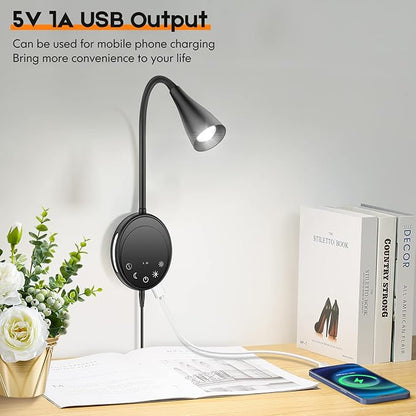LED Wall Mount Reading Light, Bedside Reading Lights with Touch Control, 5 Dimmable, USB Output, Night Light & Timers, Flexible Gooseneck Headboard Bed Lights Wall Sconce