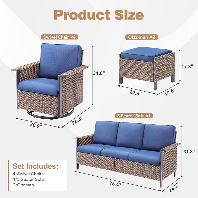 Outdoor Patio Furniture Set-7 Pieces All-Weather Wicker 3 Seater Sofa with Swivel Rocker Patio Chairs Set of 4, Wicker Sofa Outdoor Conversation Sets for Porch Deck Backyard Brown/Blue