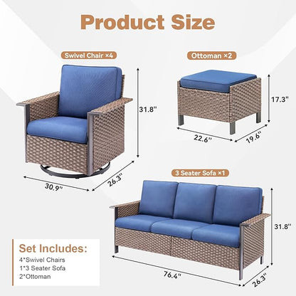 Outdoor Patio Furniture Set-7 Pieces All-Weather Wicker 3 Seater Sofa with Swivel Rocker Patio Chairs Set of 4, Wicker Sofa Outdoor Conversation Sets for Porch Deck Backyard Brown/Blue