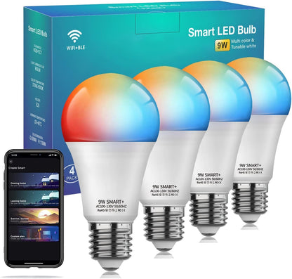 Smart Light Bulbs 4Pack with Remote, A19 E26 800LM LED Color Changing Light Bulb, WiFi & Bluetooth 5.0, Warm to Cool White, Dimmable, RGB Smart Home Lighting Work with Alexa Google Assistant