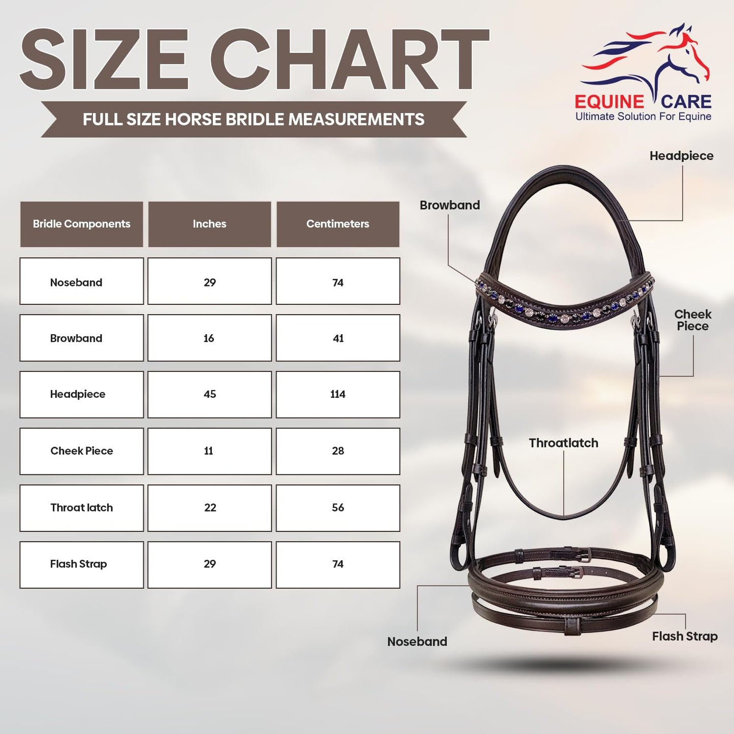 Equine Care Leather English Horse Bridle with Reins, Full Size Havana Brown, Raised Fancy-Stitched Hunter Show Bridle with Blue & Clear Crystal Browband, Padded Crownpiece, Stainless Steel Hardware.