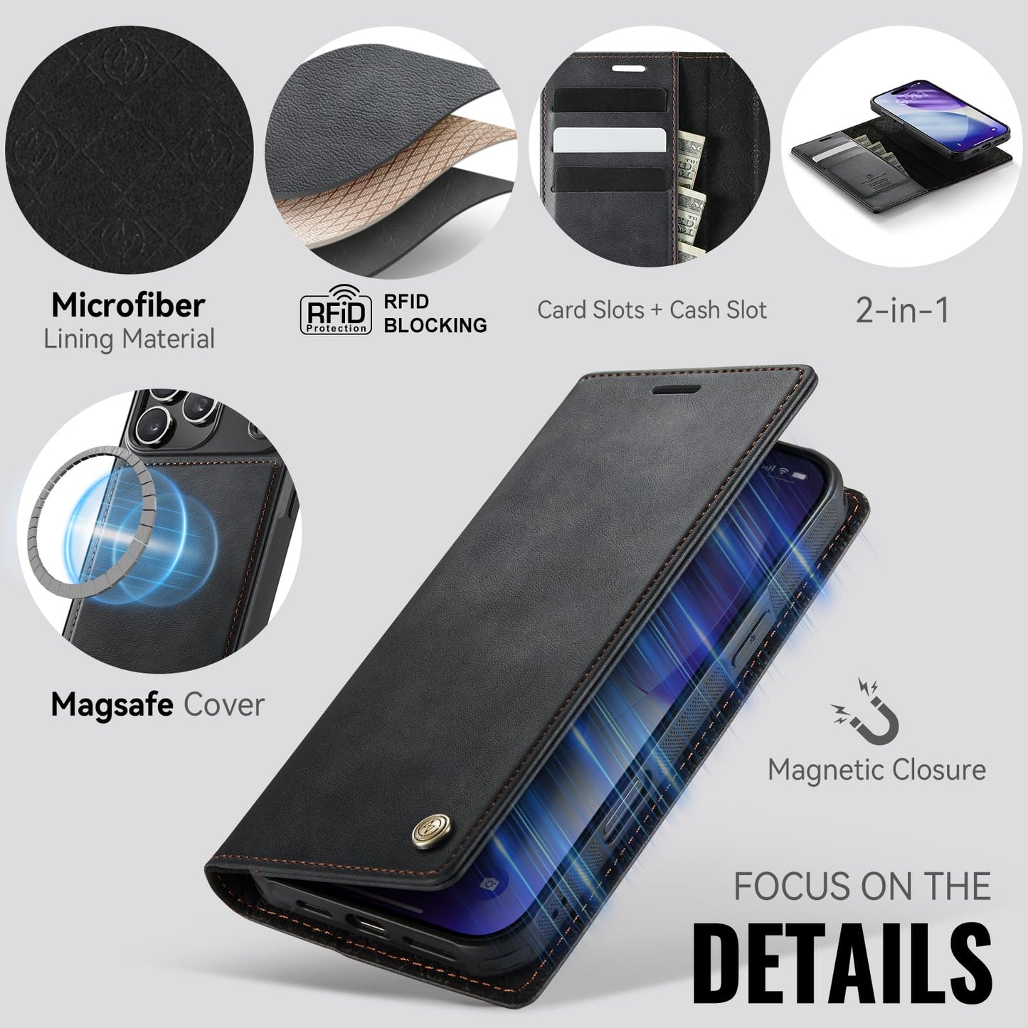 PlusnapX Wallet Case for iPhone 17 Pro Max Compatible with Magsafe, 2-in-1 PU Leather Flip RFID Blocking Card Holder Stand Shockproof Magnetic Detachable Cover for iPhone 17 Pro Max Case 6.9", Black