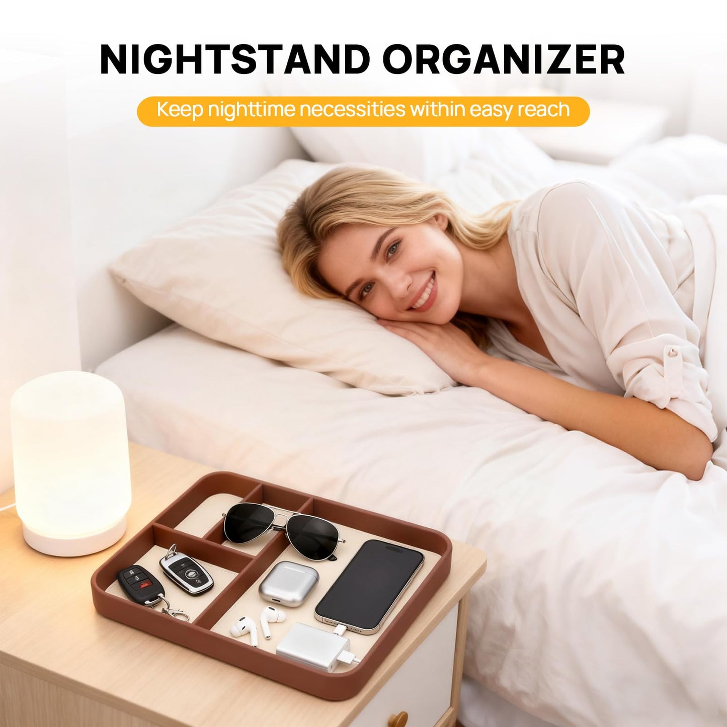 exsulity Leather Valet Tray, Stylish and Organized Multifunctional Tray, Nightstand & Desk Organizer, EDC Catchall for Keys Watch Jewelry Bedside Table Organizer