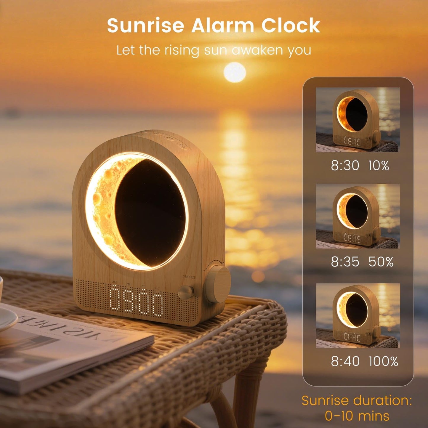 Epochleno Sunrise Alarm Clock, White Noise Machine & Meteor Moonlight - 10 Soothing Sounds, Dual Alarms, 30/60/90min Timer, Easy Snooze - Bedroom Gift for Insomnia Adults/Women - Wood Grain