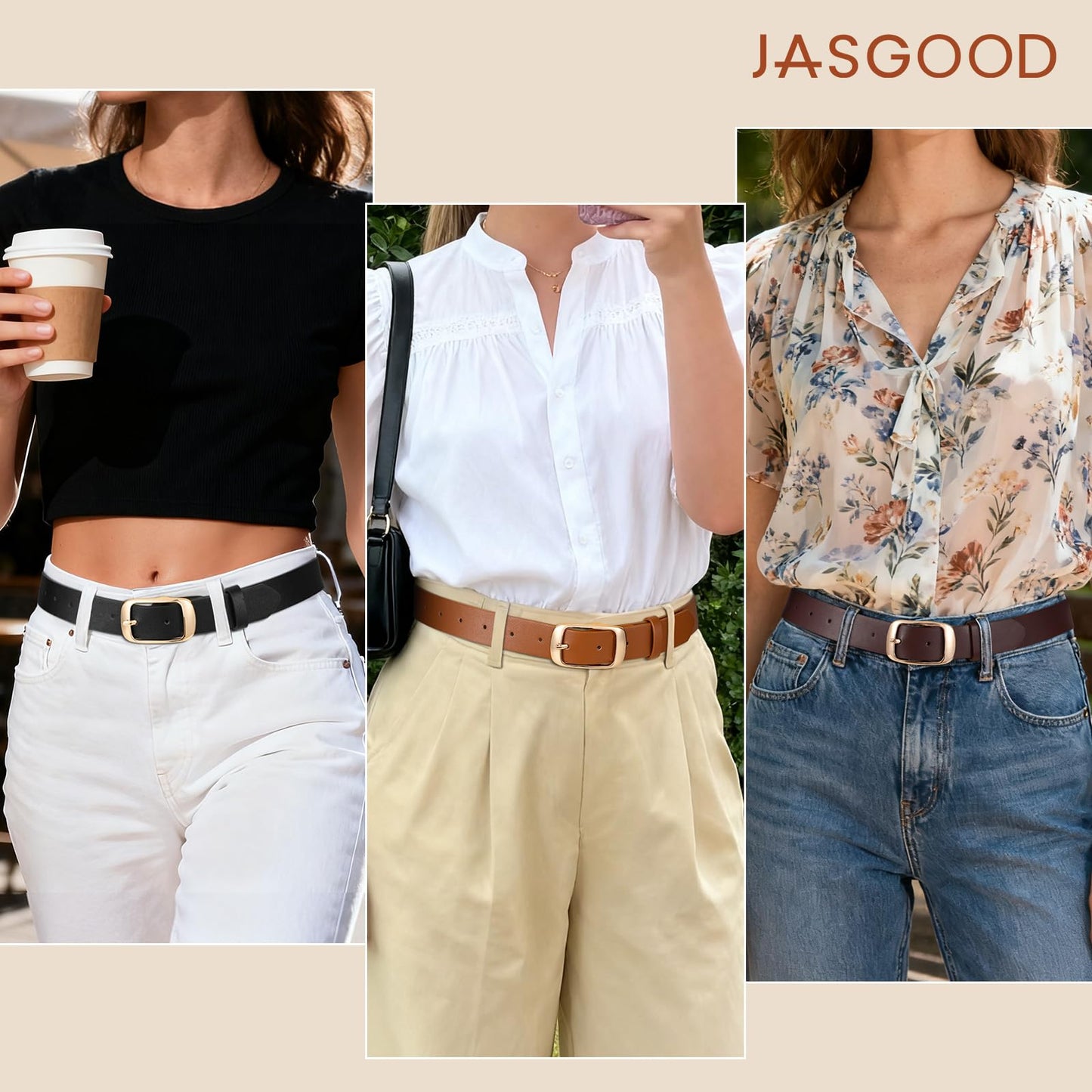 JASGOOD 3 Pack Women Belts for Jeans Pants Fashion Leather Waist Belt for Women with Gold Buckle,Black+Brown+Coffee