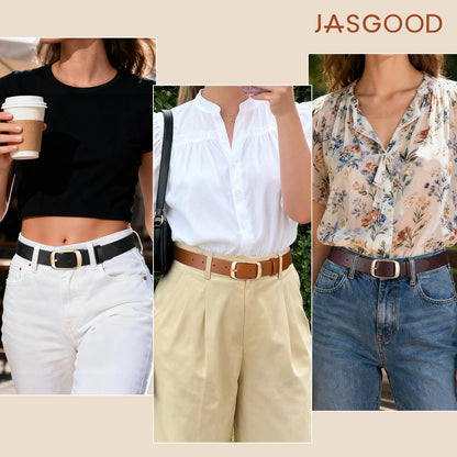 JASGOOD 3 Pack Women Belts for Jeans Pants Fashion Leather Waist Belt for Women with Gold Buckle,Black+Brown+Coffee