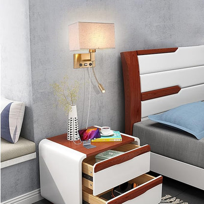 Bedroom Wall Sconces, Hardwired Wall Lamp with USB and Reading Lamp Fabric Shade Bedside Wall Lights with Reading Lamp for Bedroom Living Room Hotels Corridors (Brass)
