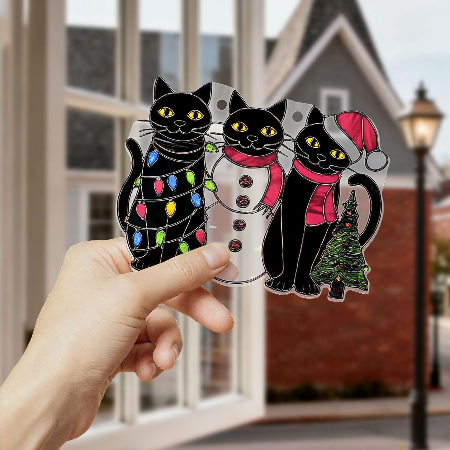Christmas Cat Ornament Acrylic Suncatcher Window Hanging Wall Decor for Indoor Outdoor Doors Home