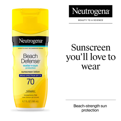 Neutrogena Sunscreen Lotion Beach Defense SPF 70, Face and Body Sunscreen, Hawaii Reef Act 104 Compliant, Octinoxate & Oxybenzone Free, Oil Free, Fast Absorbing Sun Care, 6.7 fl oz