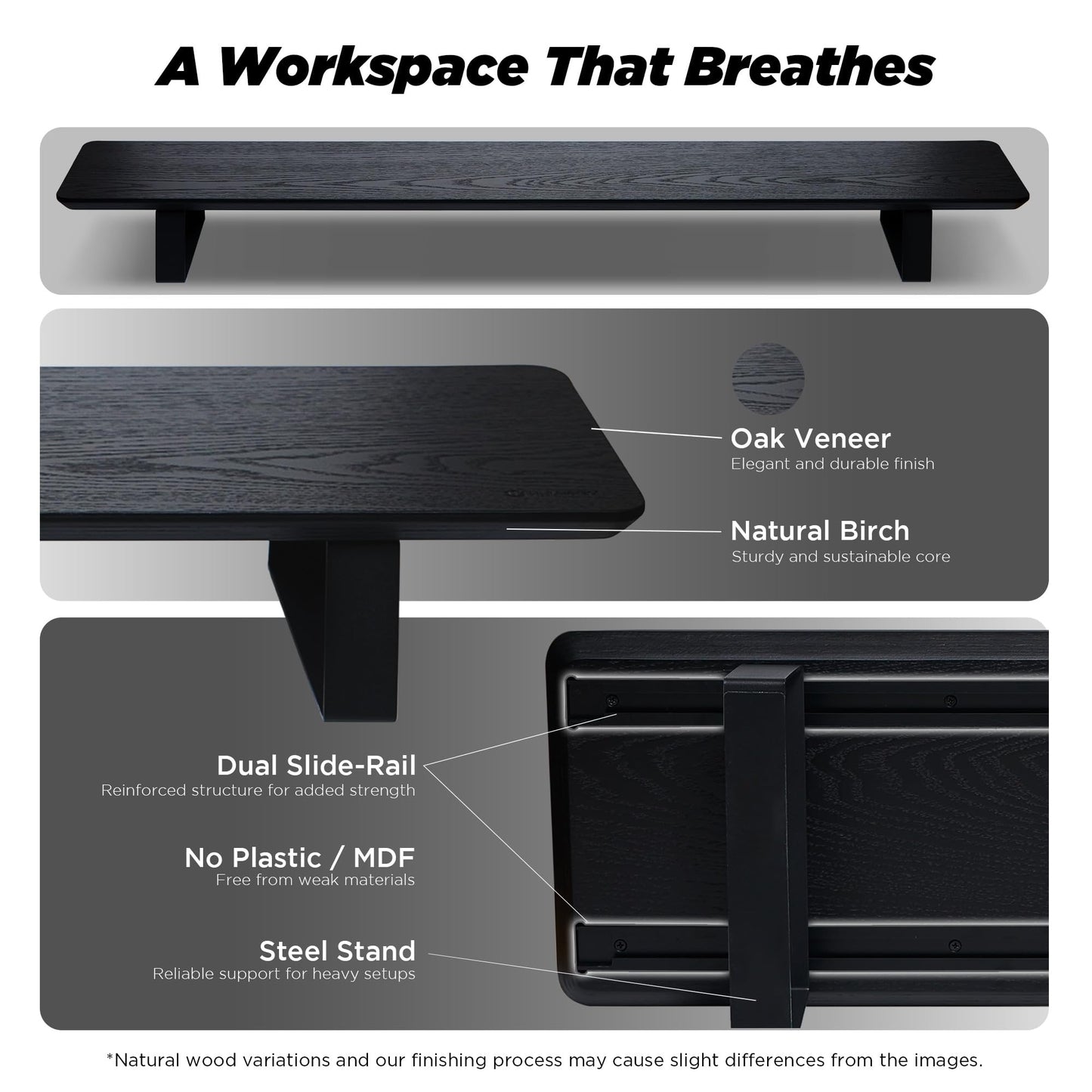 ULTRARM Moodular Wooden Monitor Stand 45.6” (116cm) Large Desk Organizer with Metal Slide Rails for Drawer, Tray, Laptop, Tablet, Phone & Headphones Customizable Riser for Organized Workspace Black