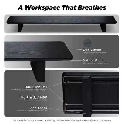 ULTRARM Moodular Wooden Monitor Stand 45.6” (116cm) Large Desk Organizer with Metal Slide Rails for Drawer, Tray, Laptop, Tablet, Phone & Headphones Customizable Riser for Organized Workspace Black