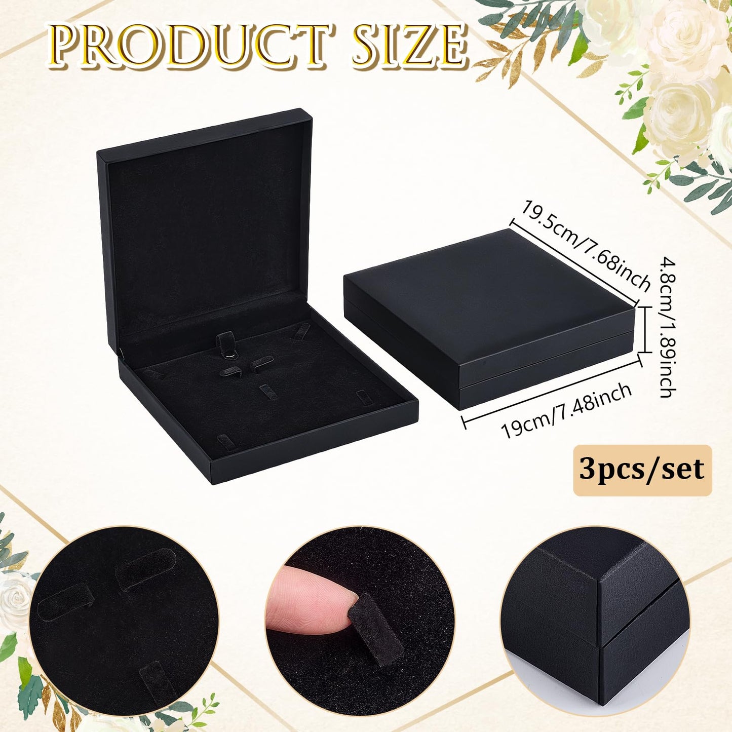twinklemon 3PCS Black Jewelry Set Box Large Necklace Box Velvet Interior Jewelry Display Gift Box Jewelry Gift Boxes for Bracelet Necklace Earring Ring