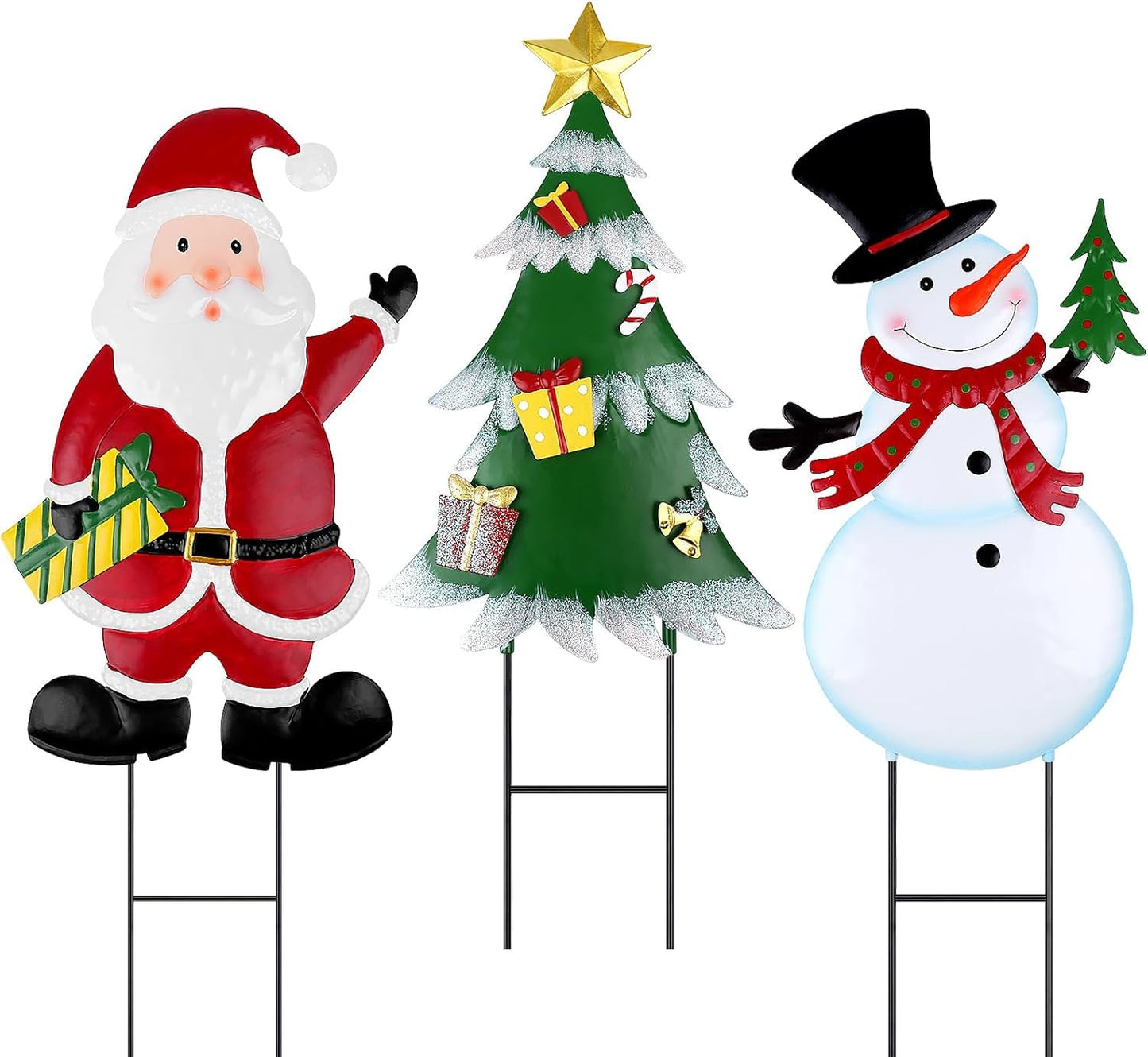 DETENE 3 Pcs Christmas Decorative Metal Stakes Outdoor Christmas Decor Metal Xmas Snowman Santa Claus Tree Yard Decorations for Garden Lawn Yard Signs