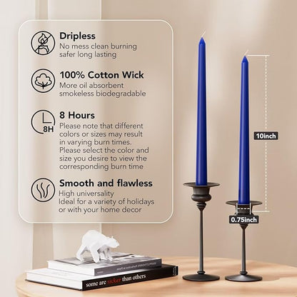 10-Inch Tall Dripless Taper Candles Set of 4 - Classic Blue Tapered Candles, Perfect for Spring - Smokeless, Unscented, Long Burning - Hand Poured, Colored Tall Candlesticks - Dark Blue