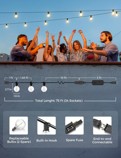 XMCOSY+ Smart Outdoor String Lights, 75Ft G40 Globe Patio Lights with 34 Dimmable LED Bulbs, WiFi & APP Control, Work with Alexa, Extendable Waterproof LED String Lights for Outside, Porch, Backyard