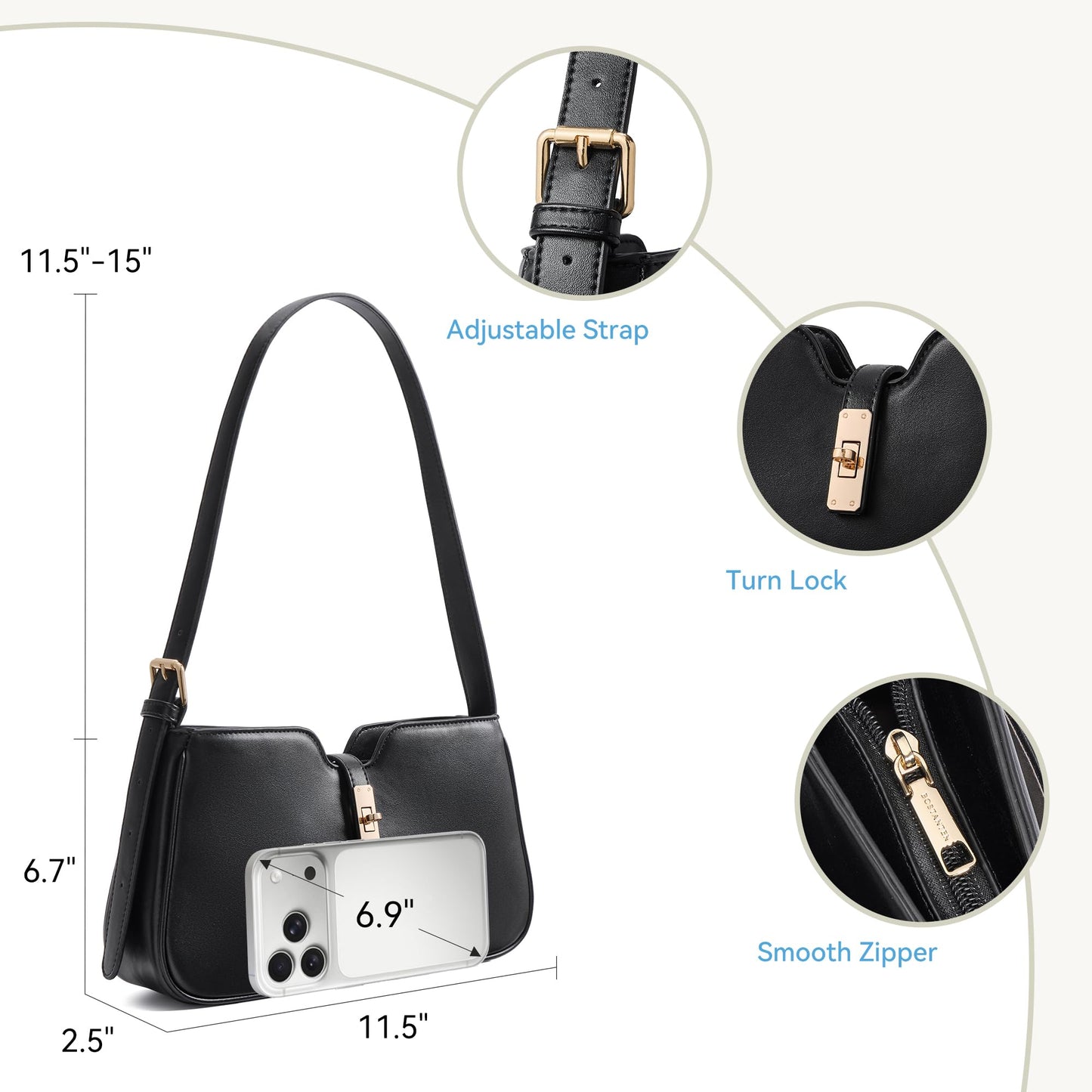 BOSTANTEN Shoulder Bag for Women, Casual Shoulder Purse Vegan Leather Chic Hobo Handbag with Adjustable Strap for Work Travel