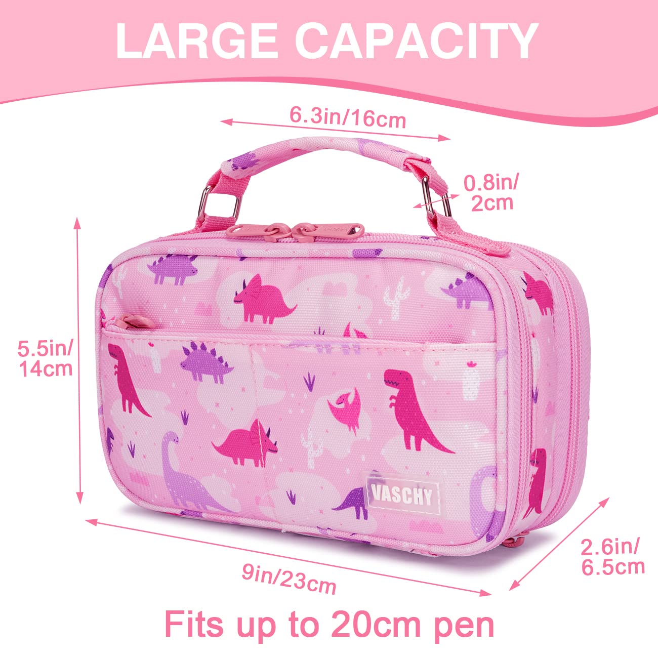 VASCHY Pencil Case for Girls, Aesthetic Kawaii Large Pencil Pouch Stationary Pencil Bag/Box for Preppy Kids, Pen Organizer Holder School Supply Pink Dinos