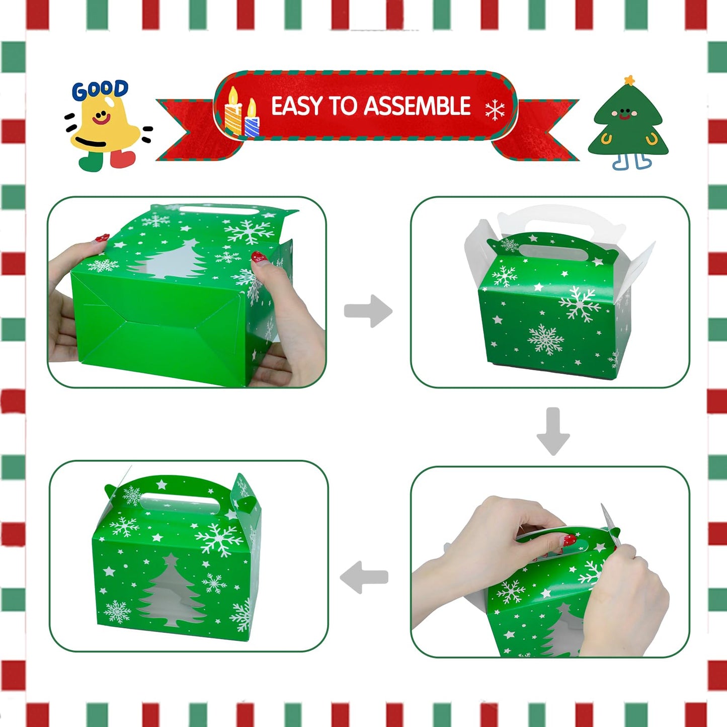 KALEFO 12PCS Christmas Holiday Cardboard Gift Boxes Bakery Food Container with Clear Window Xmas Gingerbread Cookie Boxes Winter Snowflake Favor Box