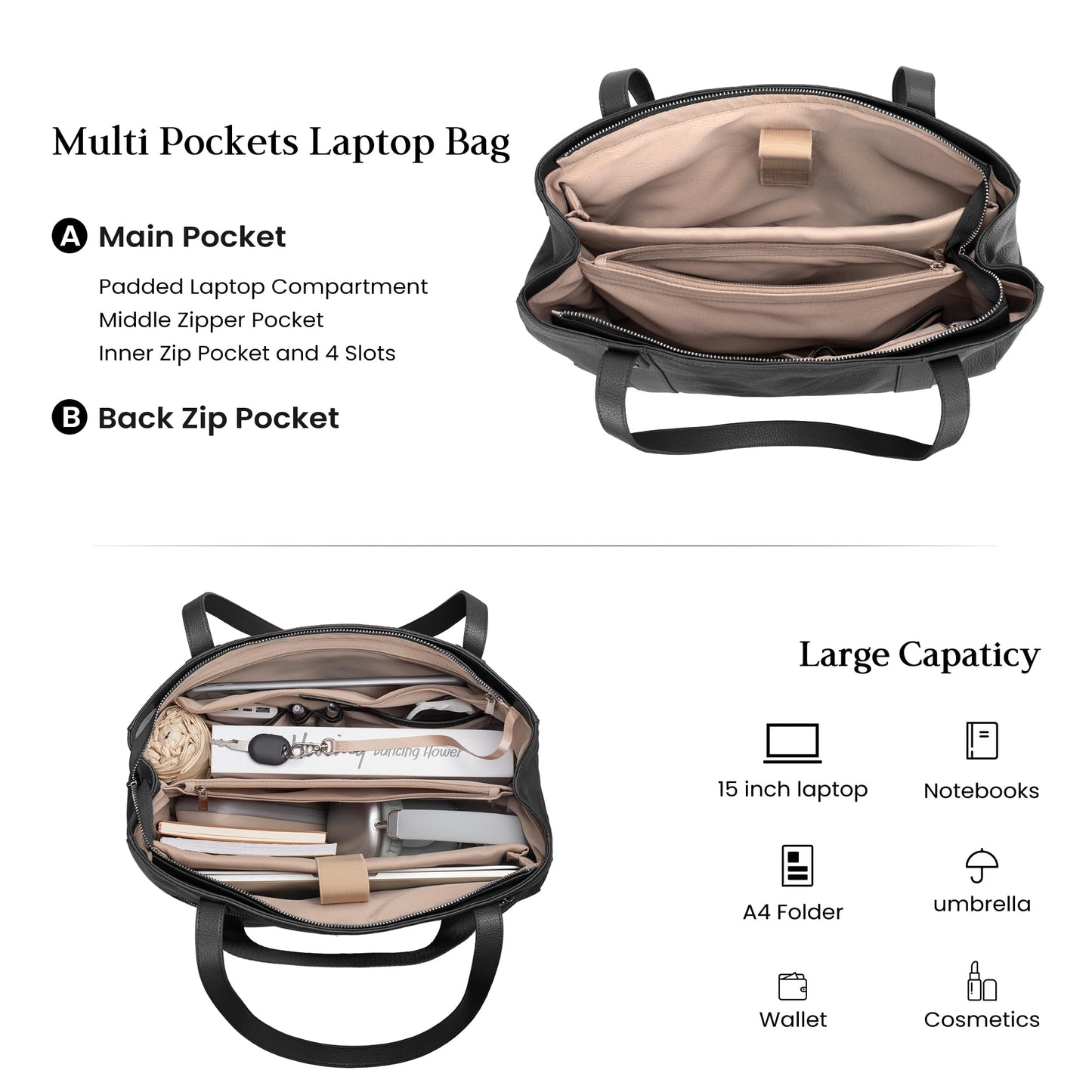 befen Black Genuine Leather Work Tote Bag for Women, Womens 15 Inch Compartment Work Totes Purse Shoulder Leather Purses Handbags
