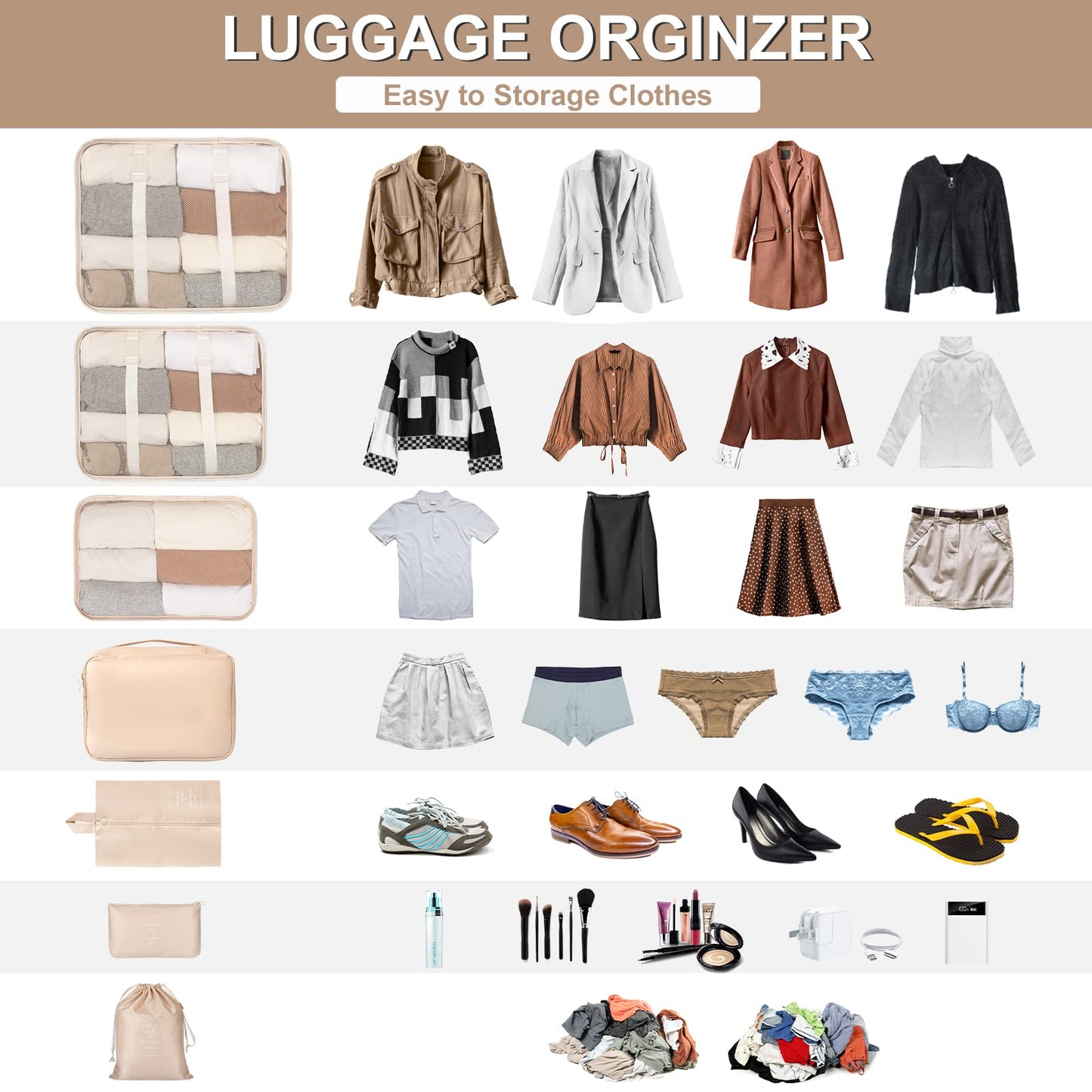 FAMOMI Packing Cubes 7 Set Travel Cubes for Suitcases Lightweight Luggage Packing Orginzers for Travel Acessories (Creamy-White)
