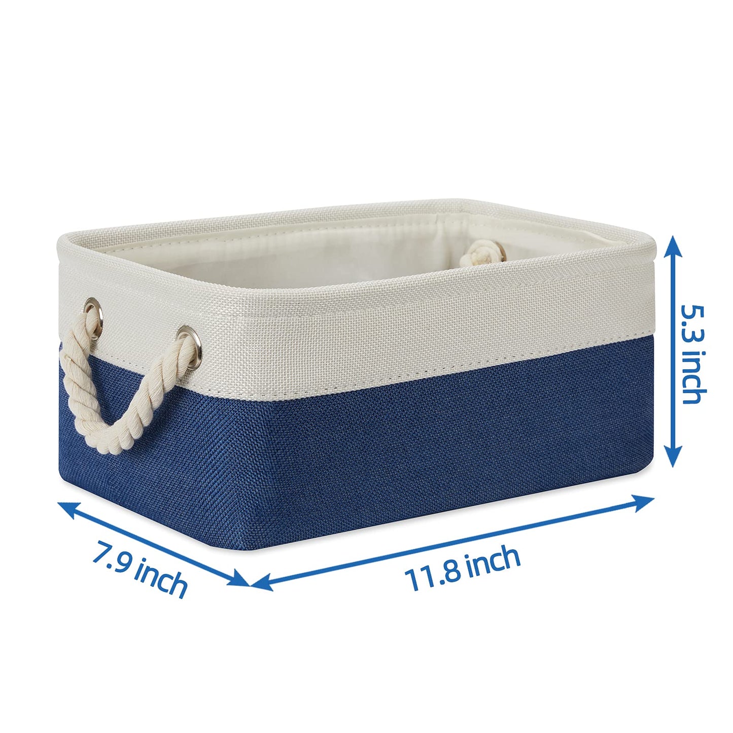 Temary Small Storage Baskets for Shelves, 6 Pcs Empty Gift Baskets for Organizing Clothes, Books, Fabric Storage Bins with Rope Handles (White&Blue,11.8 L x 7.9 W x 5.3 H inches)