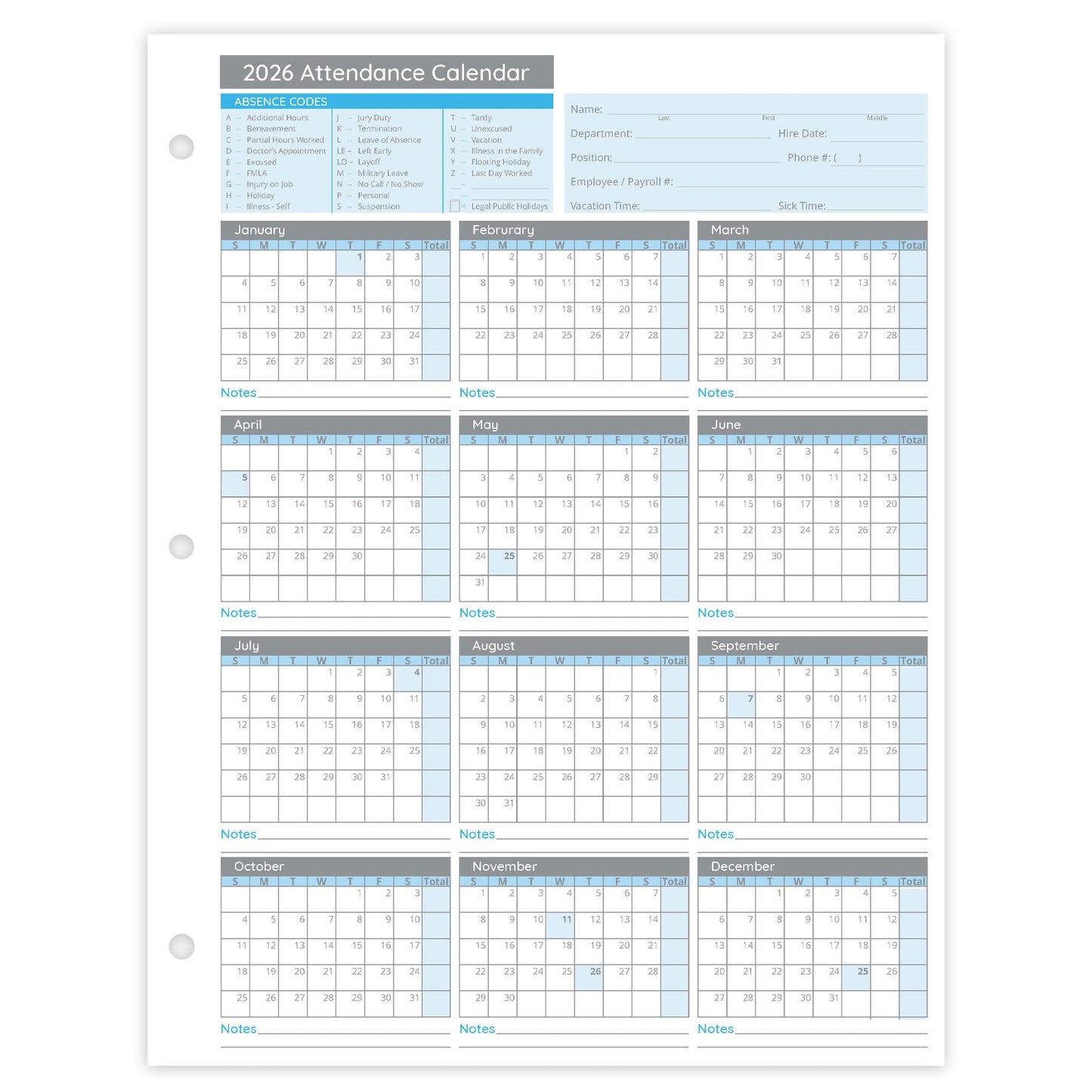 Blue Summit Supplies 50 Sheet Attendance Calendar, Employee 2026 Attendance Sheets for 3 Hole Binder, Convenient Tracker for Employee Attendance Record, Time Off, and Tardiness, 50 Pack